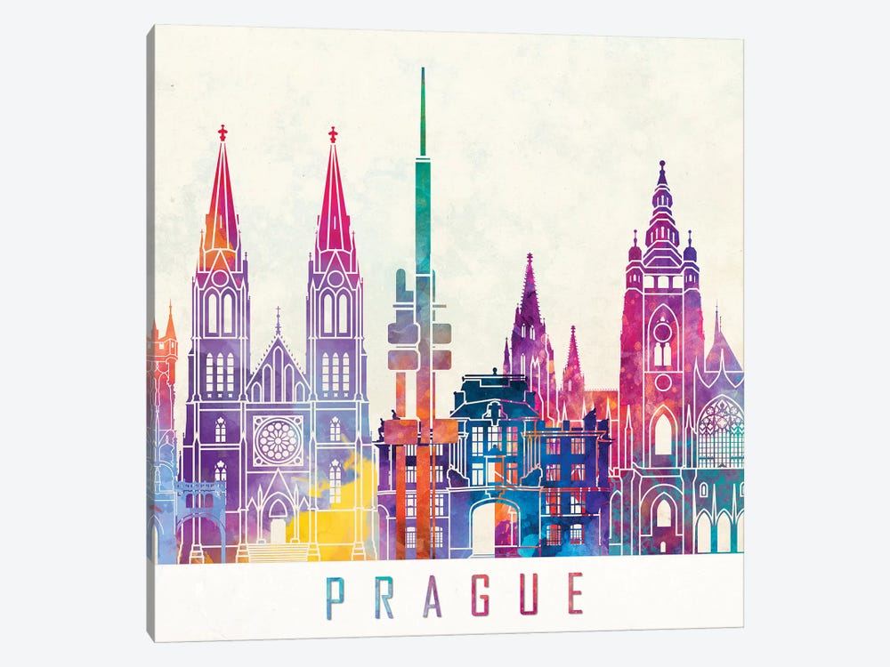 Prague Landmarks Watercolor Poster by Paul Rommer 1-piece Canvas Print