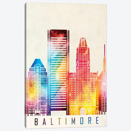 Baltimore Landmarks Watercolor Poster Canvas Print #PUR59} by Paul Rommer Canvas Art Print