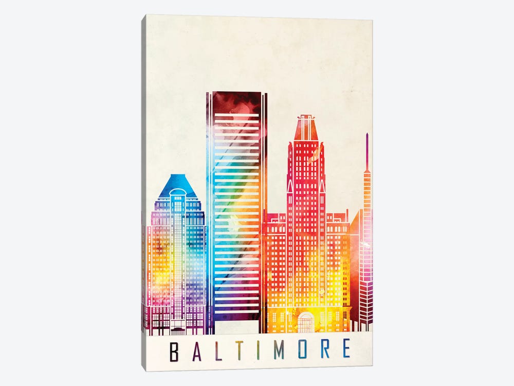 Baltimore Landmarks Watercolor Poster by Paul Rommer 1-piece Canvas Wall Art