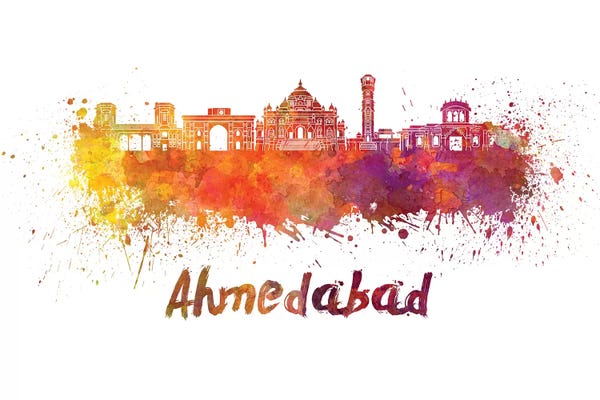 India: Ahmedabad Skyline In Watercolor by Paul Rommer