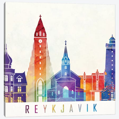 Reykjavik Landmarks Watercolor Poster Canvas Print #PUR601} by Paul Rommer Canvas Wall Art