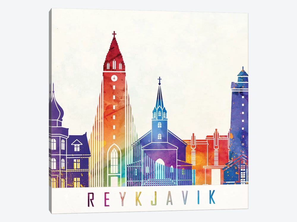 Reykjavik Landmarks Watercolor Poster by Paul Rommer 1-piece Canvas Art