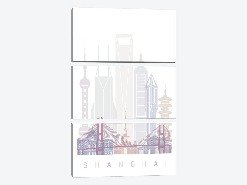 Shanghai Skyline Poster Pastel by Paul Rommer 3-piece Canvas Wall Art