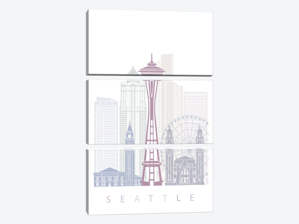 Seattle Skyline Poster Pastel by Paul Rommer 3-piece Canvas Artwork