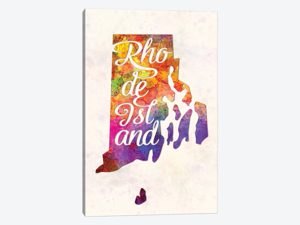 Rhode Island US State In Watercolor Text Cut Out by Paul Rommer 1-piece Art Print