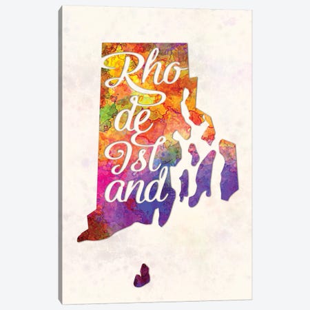 Rhode Island US State In Watercolor Text Cut Out Canvas Print #PUR602} by Paul Rommer Canvas Art