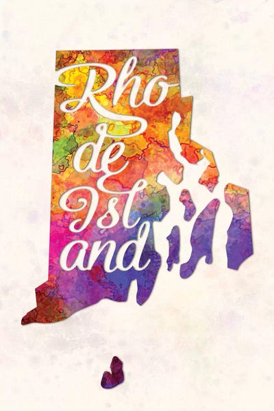 Rhode Island: Rhode Island US State In Watercolor Text Cut Out by Paul Rommer