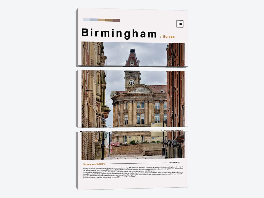Birmingham Poster Landscape by Paul Rommer 3-piece Canvas Print