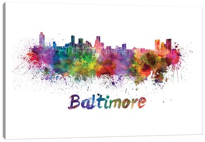 Baltimore Skyline In Watercolor Canvas Art Print - Maryland Art