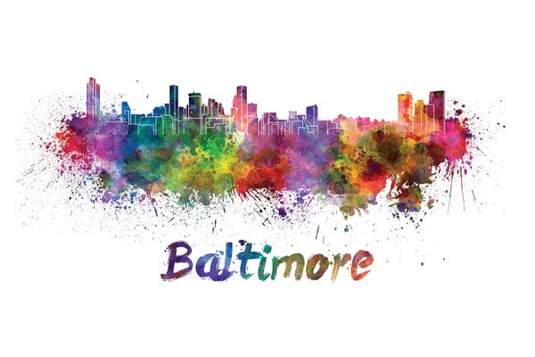 Maryland: Baltimore Skyline In Watercolor by Paul Rommer