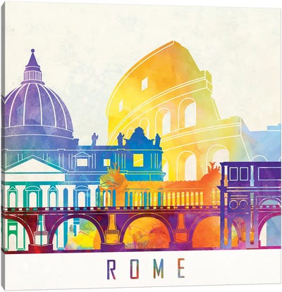 Rome Landmarks Watercolor Poster Canvas Art Print - Rome Skylines