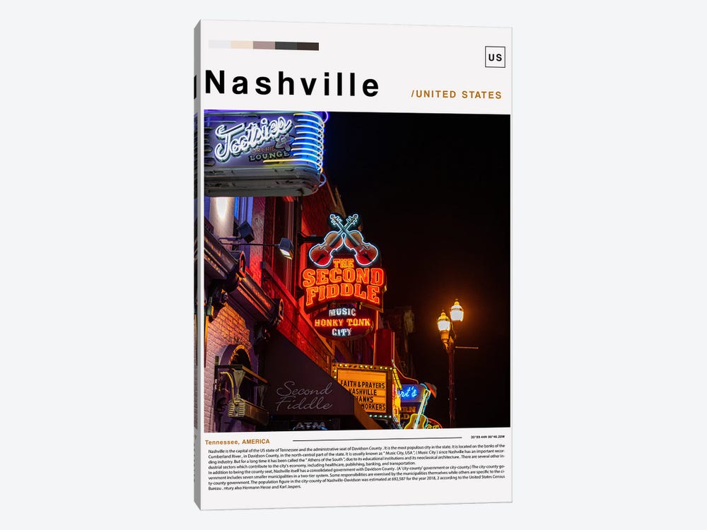Nashville Poster Landscape by Paul Rommer 1-piece Canvas Print