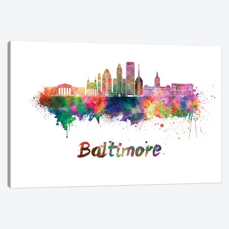 Baltimore Skyline In Watercolor II Canvas Print #PUR61} by Paul Rommer Canvas Artwork