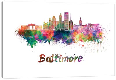 Baltimore Skyline In Watercolor II Canvas Art Print - Maryland Art