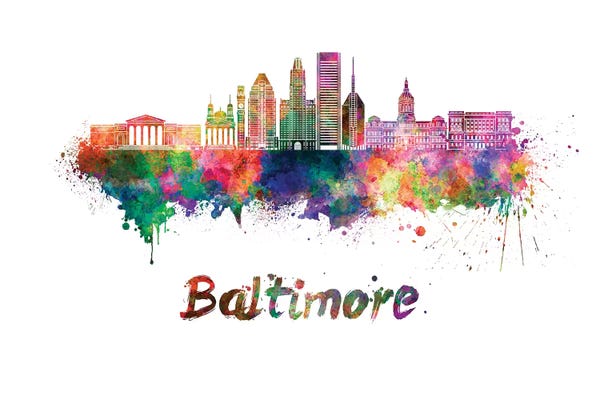 Maryland: Baltimore Skyline In Watercolor II by Paul Rommer