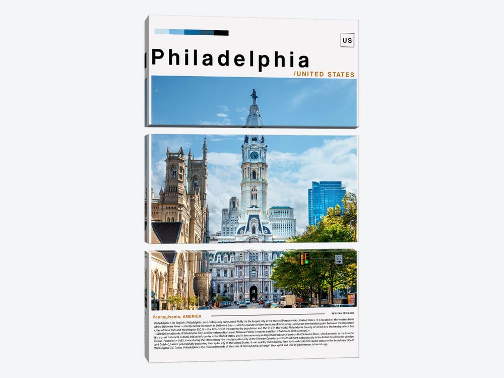 Philadelphia Poster Landscape by Paul Rommer 3-piece Canvas Art Print