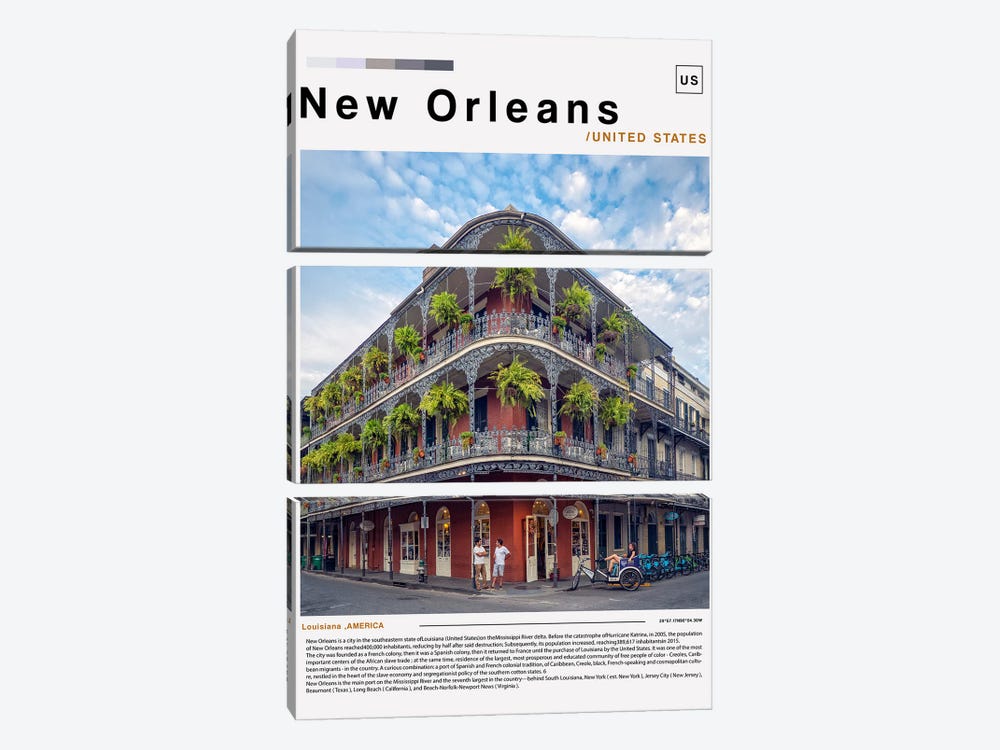 New Orleans Poster Landscape by Paul Rommer 3-piece Canvas Art Print