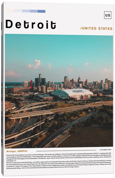 Detroit Poster Landscape Canvas Art Print - Michigan Art