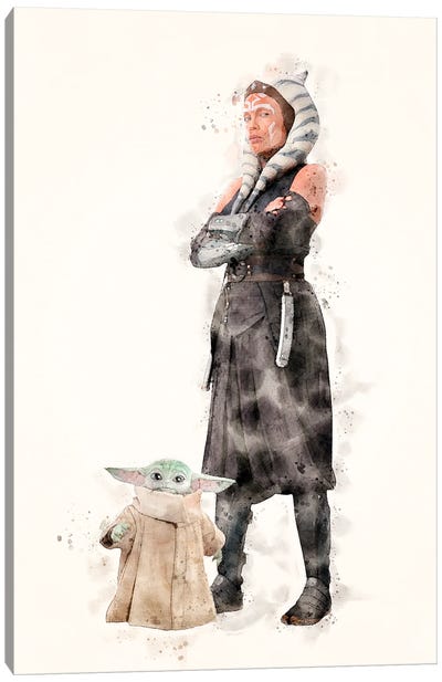 Ahsoka Tano And Baby Yoda Watercolor Canvas Art Print - Grogu
