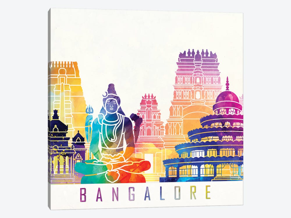 Bangalore Landmarks Watercolor Poster by Paul Rommer 1-piece Canvas Art