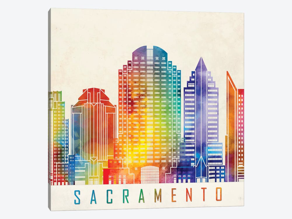 Sacramento Landmarks Watercolor Poster by Paul Rommer 1-piece Canvas Artwork