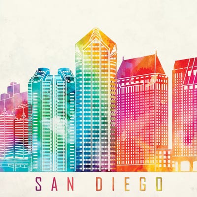 San Diego Landmarks Watercolor Poster by Paul Rommer canvas print