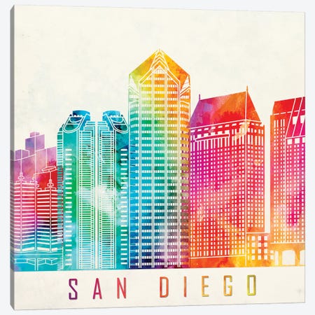 San Diego Landmarks Watercolor Poster Canvas Print #PUR637} by Paul Rommer Canvas Artwork