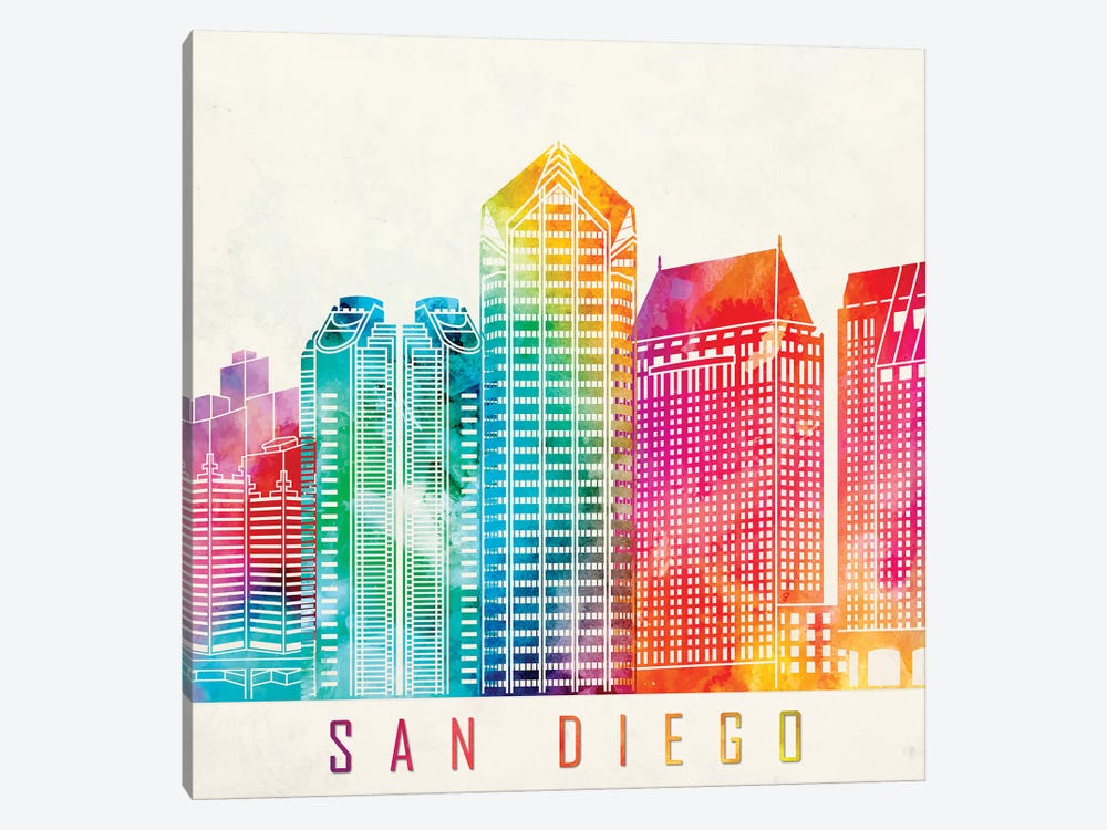 San Diego Landmarks Watercolor Poster by Paul Rommer 1-piece Canvas Print