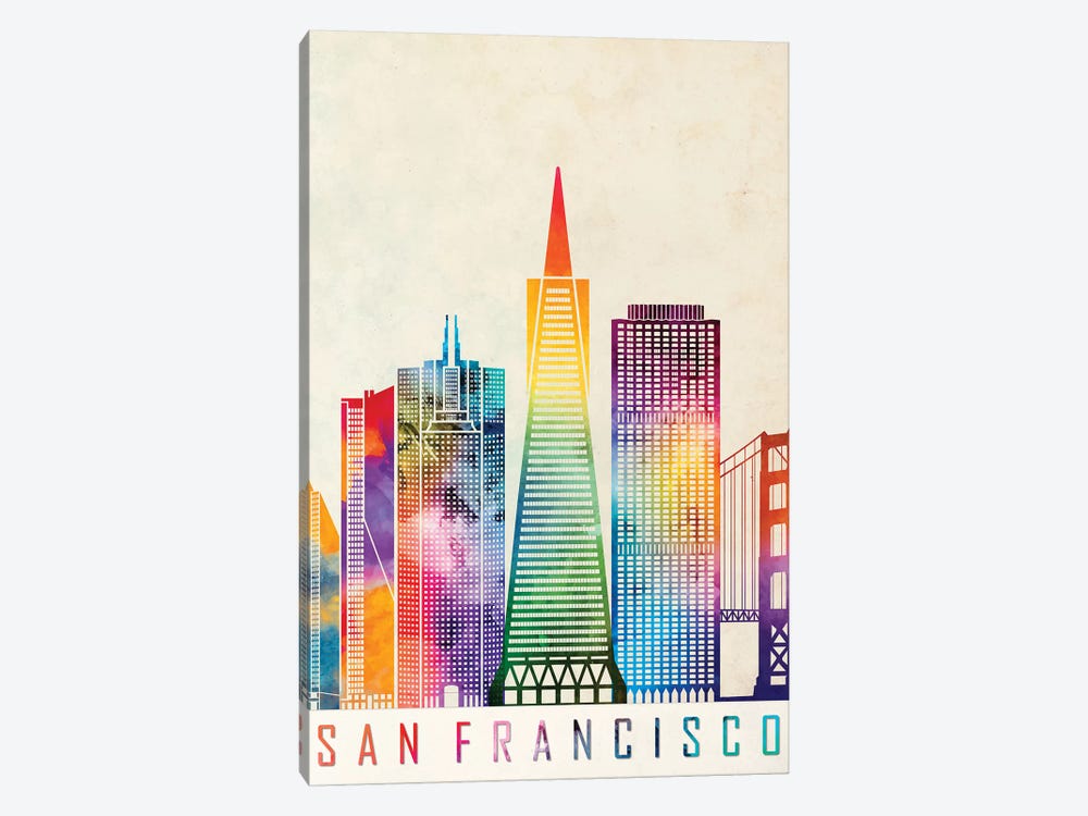 San Francisco Landmarks Watercolor Poster by Paul Rommer 1-piece Canvas Art