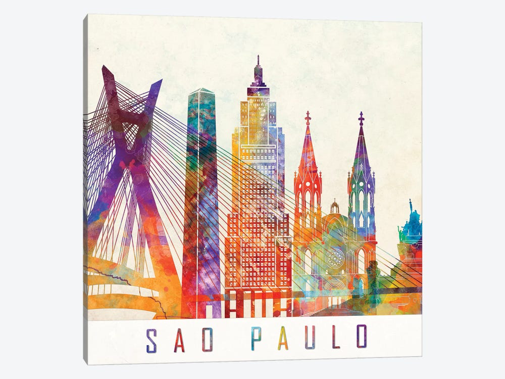 Sao Paulo Landmarks Watercolor Poster by Paul Rommer 1-piece Canvas Print