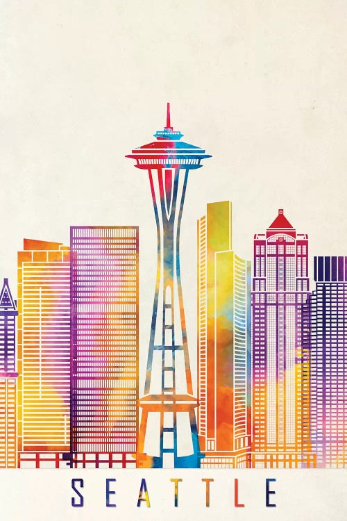 Seattle Landmarks Watercolor Poster