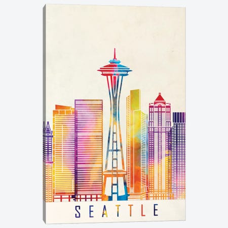 Seattle Landmarks Watercolor Poster Canvas Print #PUR647} by Paul Rommer Canvas Art Print