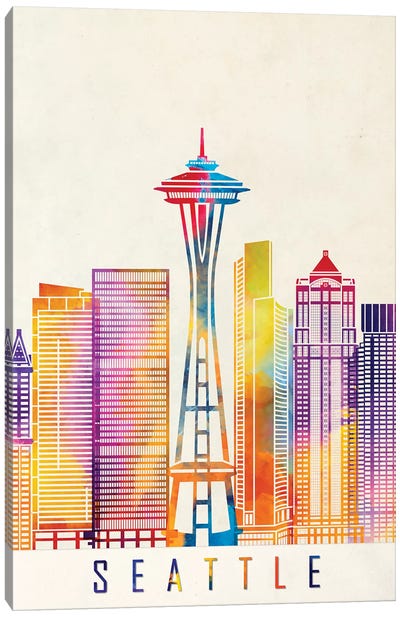 Seattle Landmarks Watercolor Poster Canvas Art Print - Seattle Skylines