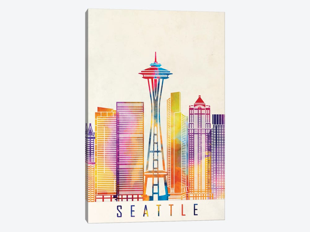 Seattle Landmarks Watercolor Poster by Paul Rommer 1-piece Canvas Wall Art