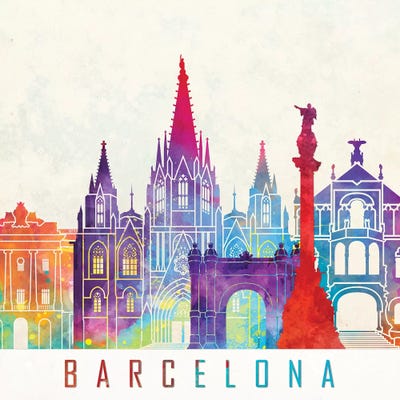 Barcelona Landmarks Watercolor Poster by Paul Rommer art print