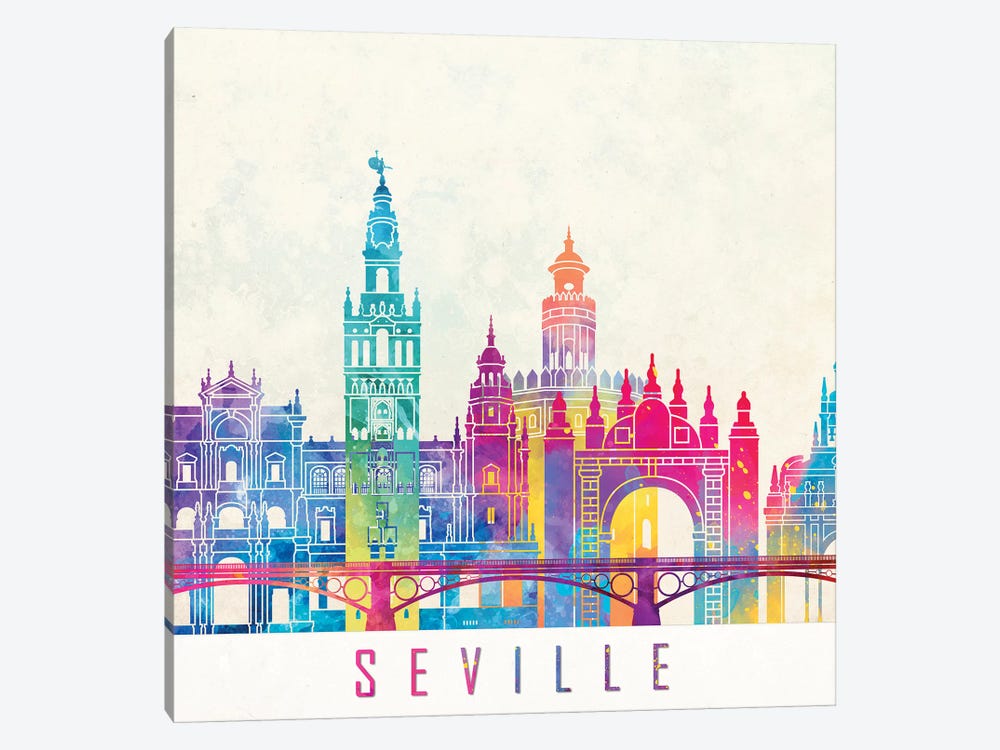 Seville Landmarks Watercolor Poster by Paul Rommer 1-piece Canvas Artwork