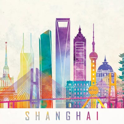 Shanghai Landmarks Watercolor Poster by Paul Rommer art print