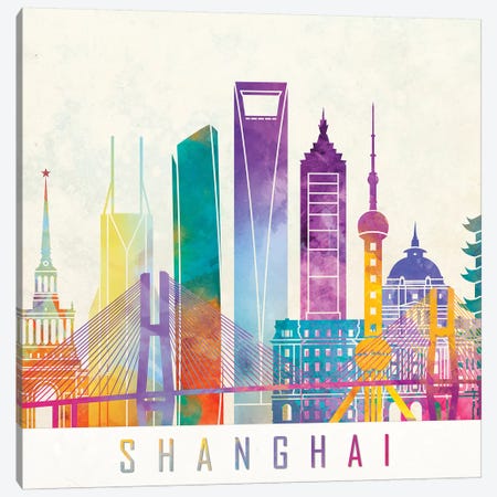 Shanghai Landmarks Watercolor Poster Canvas Print #PUR651} by Paul Rommer Canvas Print