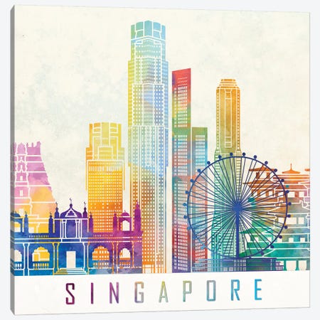 Singapore Landmarks Watercolor Poster Canvas Print #PUR658} by Paul Rommer Canvas Art Print