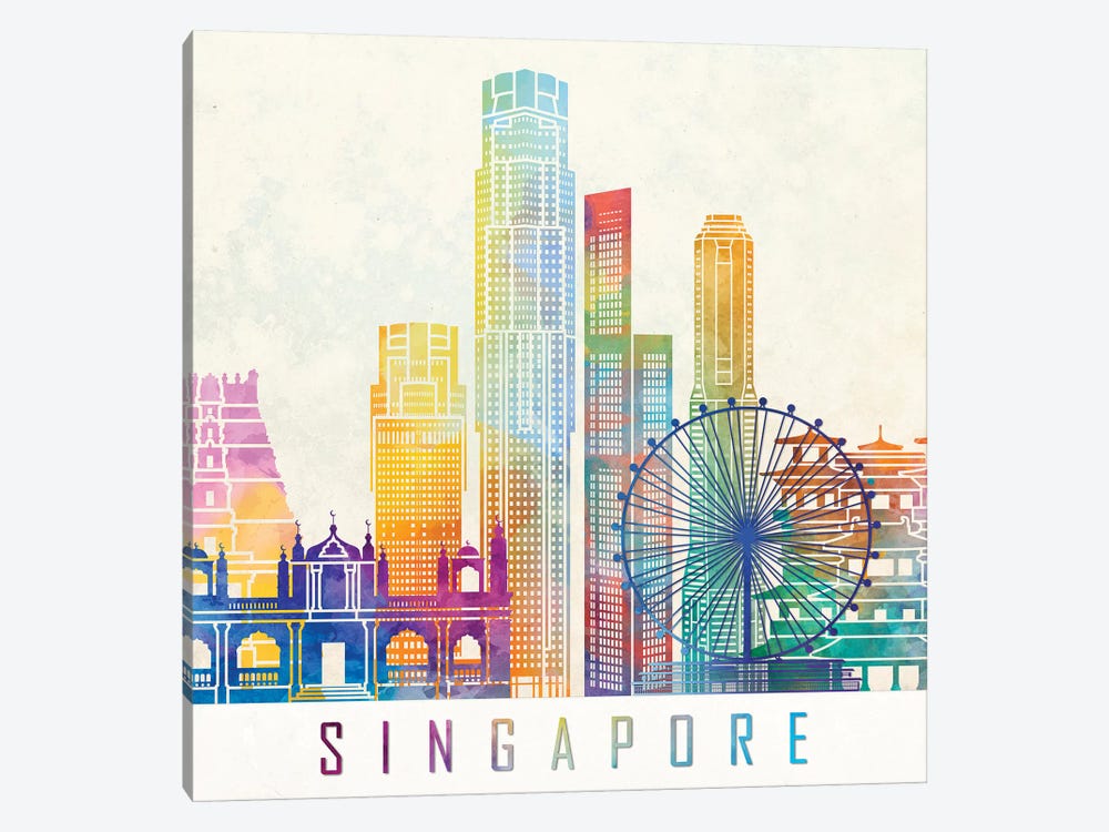 Singapore Landmarks Watercolor Poster by Paul Rommer 1-piece Canvas Wall Art
