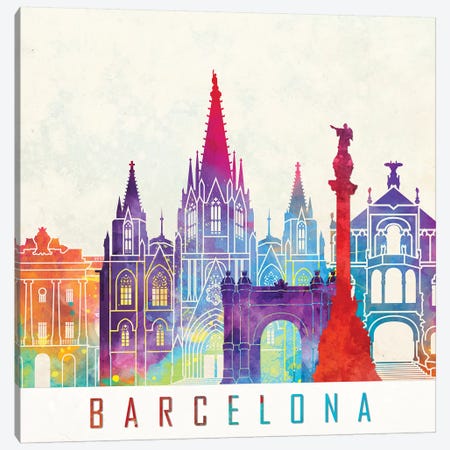 Barcelona Landmarks Watercolor Poster Canvas Print #PUR65} by Paul Rommer Canvas Art Print