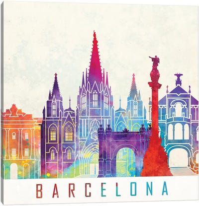 Barcelona Landmarks Watercolor Poster Canvas Art Print - Catalonia Art