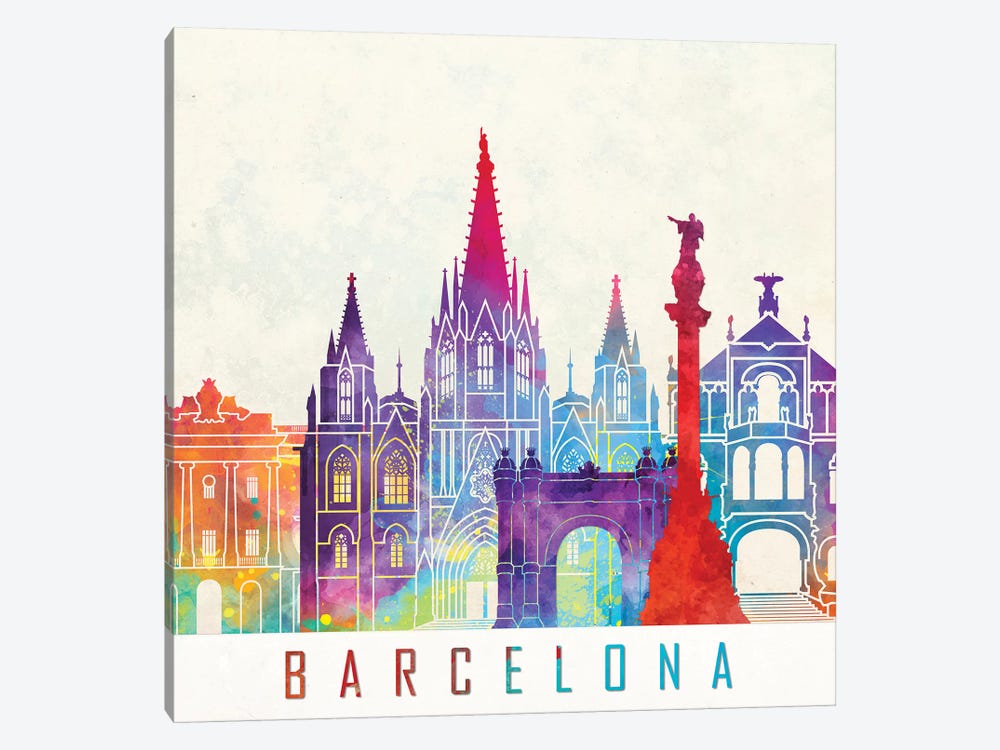 Barcelona Landmarks Watercolor Poster by Paul Rommer 1-piece Canvas Print