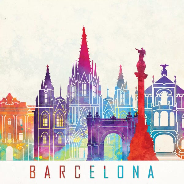 Catalonia: Barcelona Landmarks Watercolor Poster by Paul Rommer