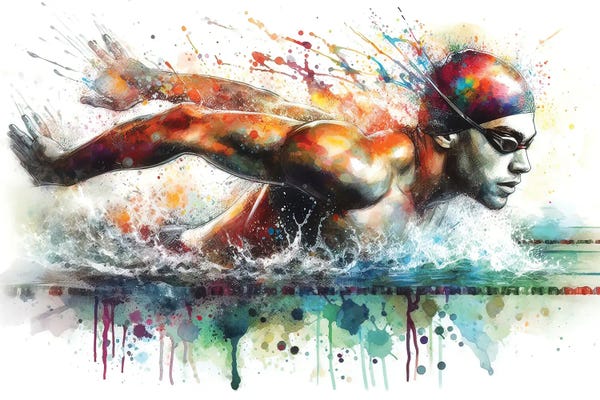 Swimming: Olympic Swimmer In Watercolor With Splashes II by Paul Rommer