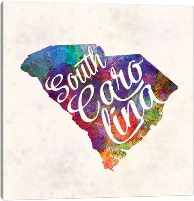 South Carolina US State In Watercolor Text Cut Out Canvas Art Print - Paul Rommer