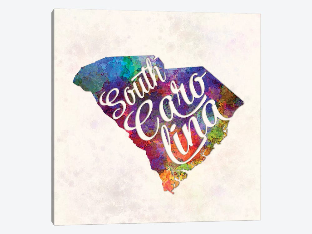 South Carolina US State In Watercolor Text Cut Out by Paul Rommer 1-piece Canvas Wall Art