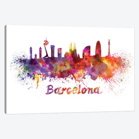 Barcelona Skyline In Watercolor Canvas Print #PUR66} by Paul Rommer Art Print
