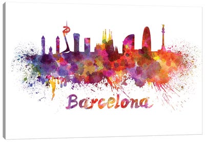 Barcelona Skyline In Watercolor Canvas Art Print - Catalonia Art