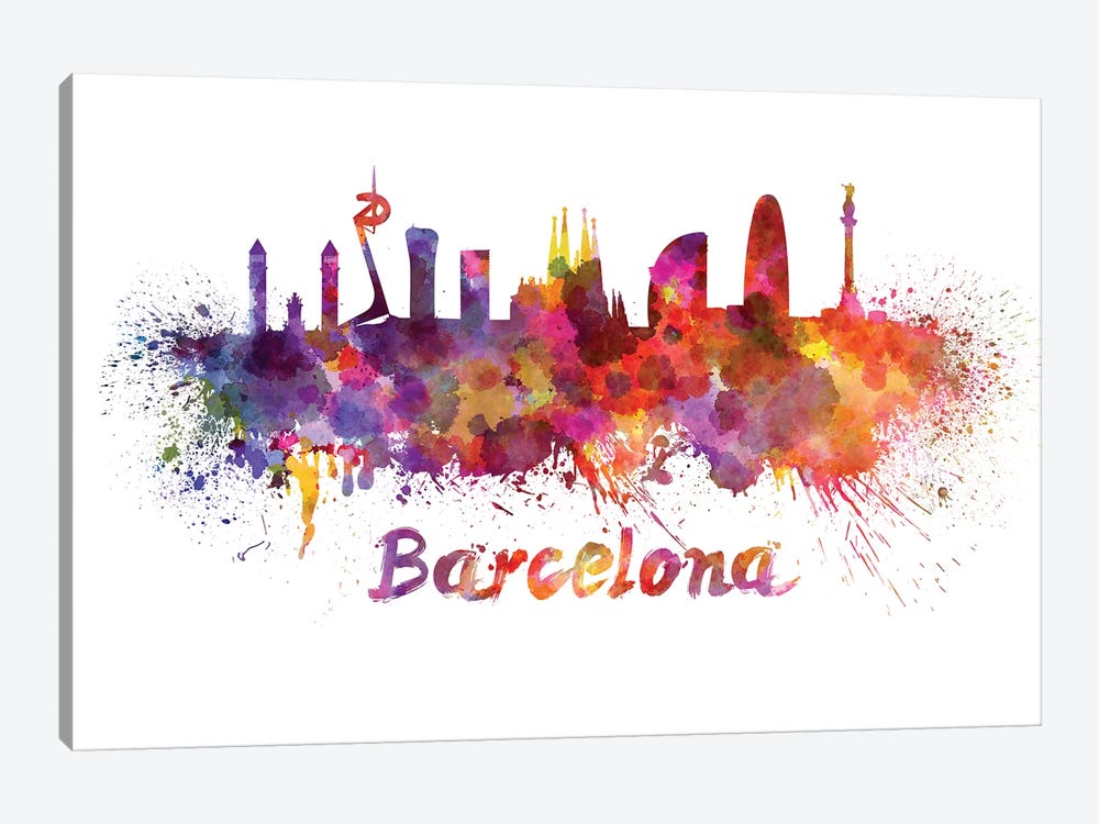 Barcelona Skyline In Watercolor by Paul Rommer 1-piece Canvas Artwork